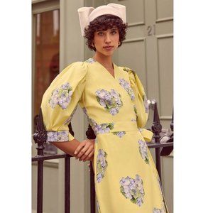 SUZANNAH LONDON 100% Silk “Hebe” Wrap Dress Hydrangea Heart Print Yellow Floral